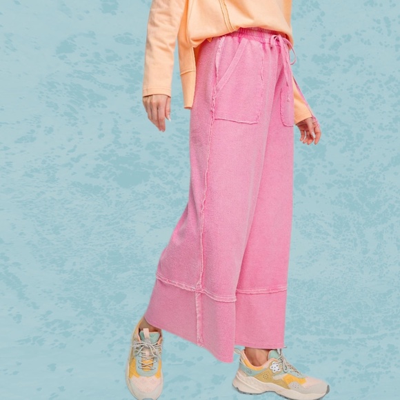 EASEL "Criss Cross" Mineral Washed Distressed Seams Cropped Pants Pockets Cotton - Picture 6 of 13